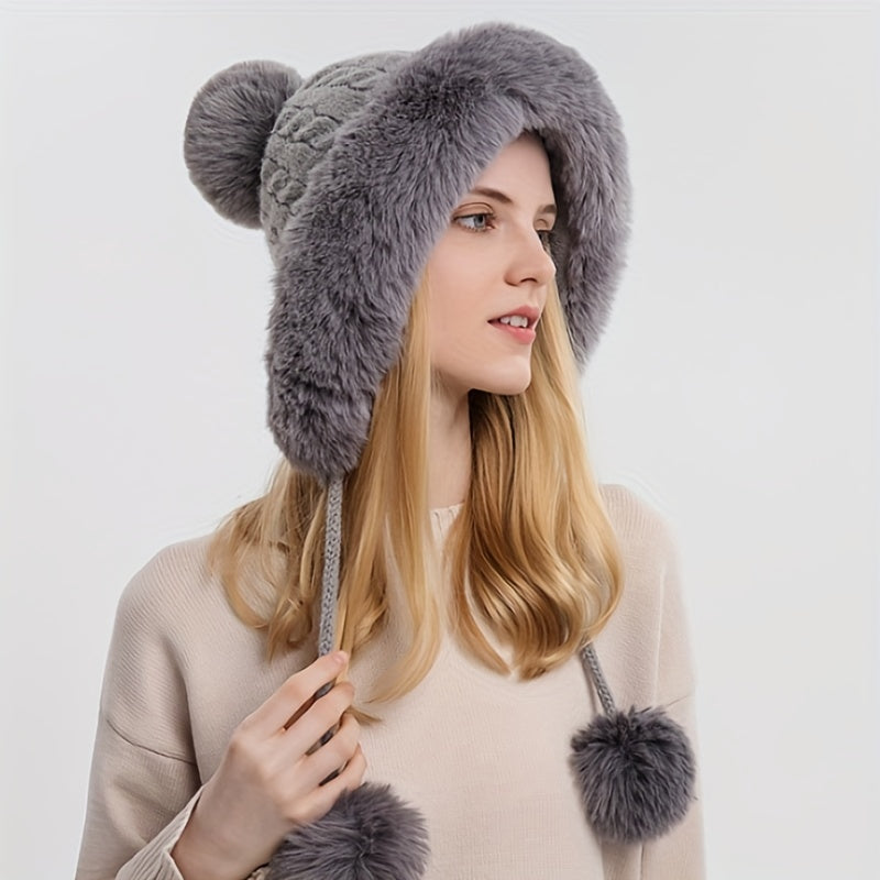 Women's Fleece Pom Beanie Hat with 3 Pompom