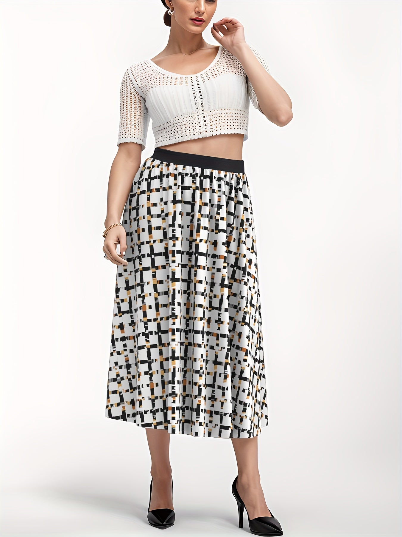 Women's Plus Grid Geometric Print High Waist A line Skirt