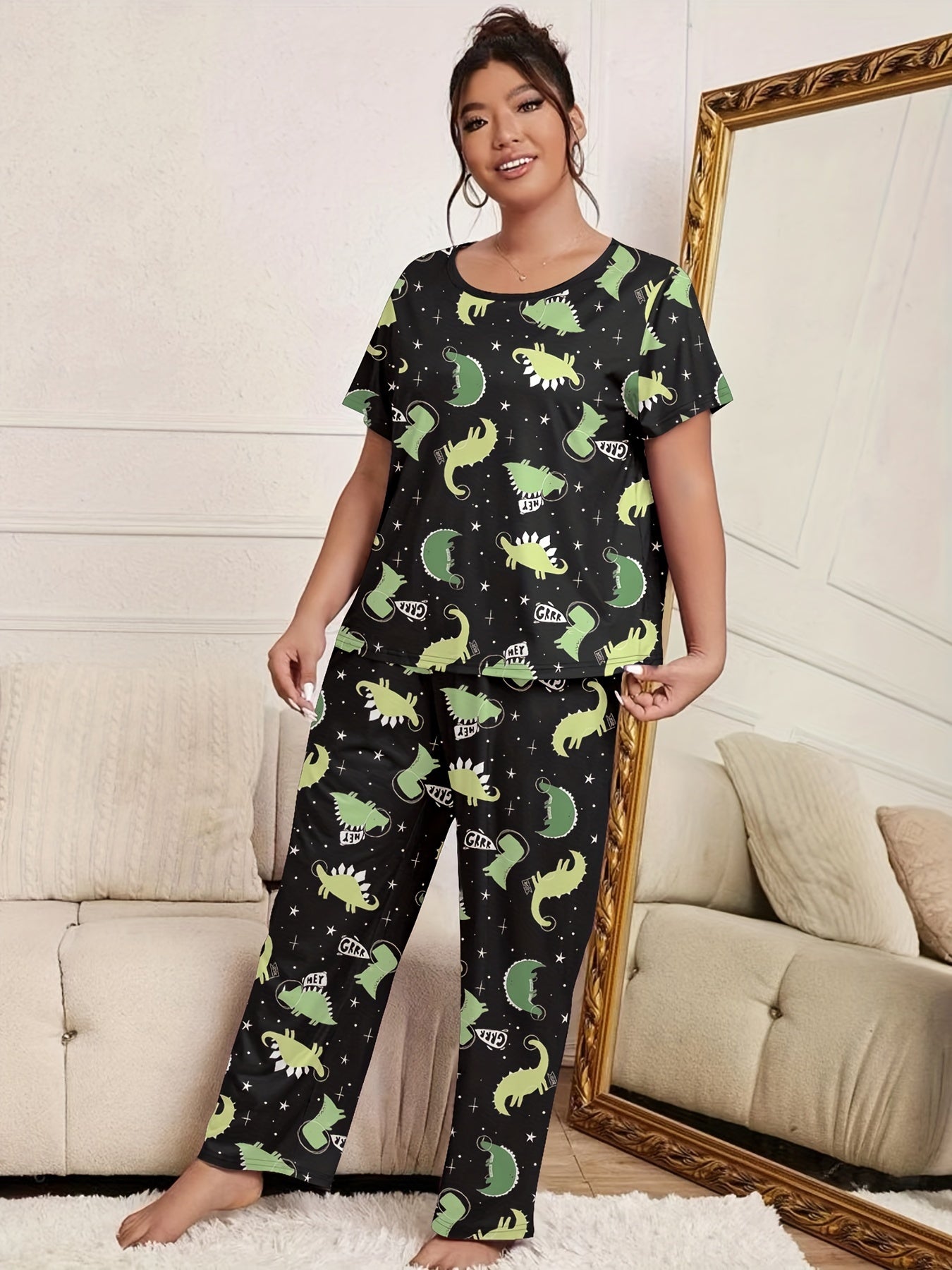 Dinosaur Print Pajamas Set Short Sleeve Tee & Pants Loungewear