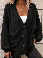 Solid Button Up Lantern Sleeve V Neck Cardigan