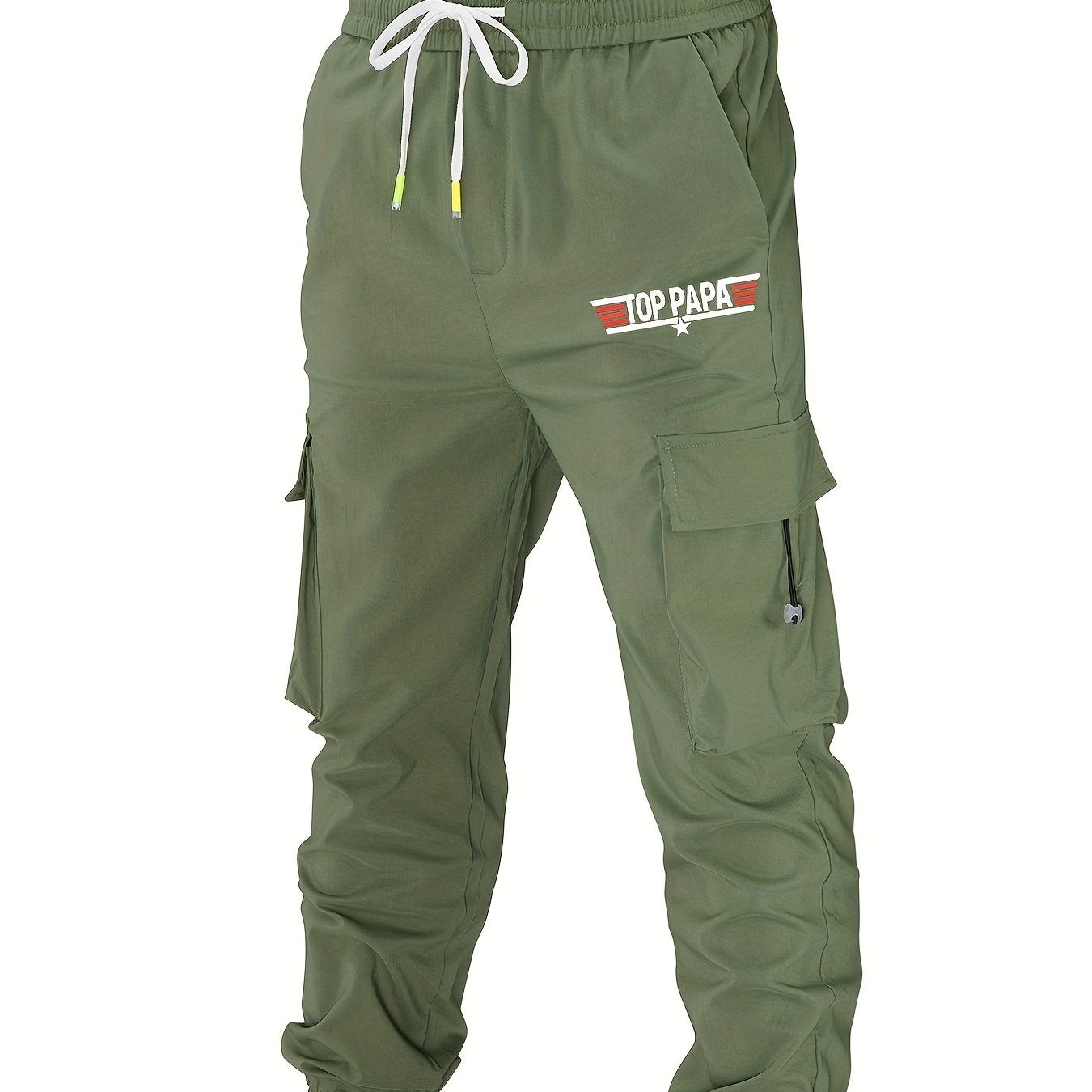 PAPA Print Cargo Pants Men's Loose Fit Drawstring Solid Joggers