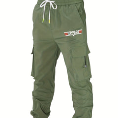 PAPA Print Cargo Pants Men's Loose Fit Drawstring Solid Joggers