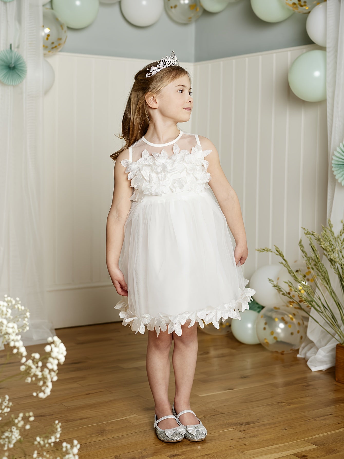 Flower Girl Mesh Midi Tutu Dress for Wedding Party