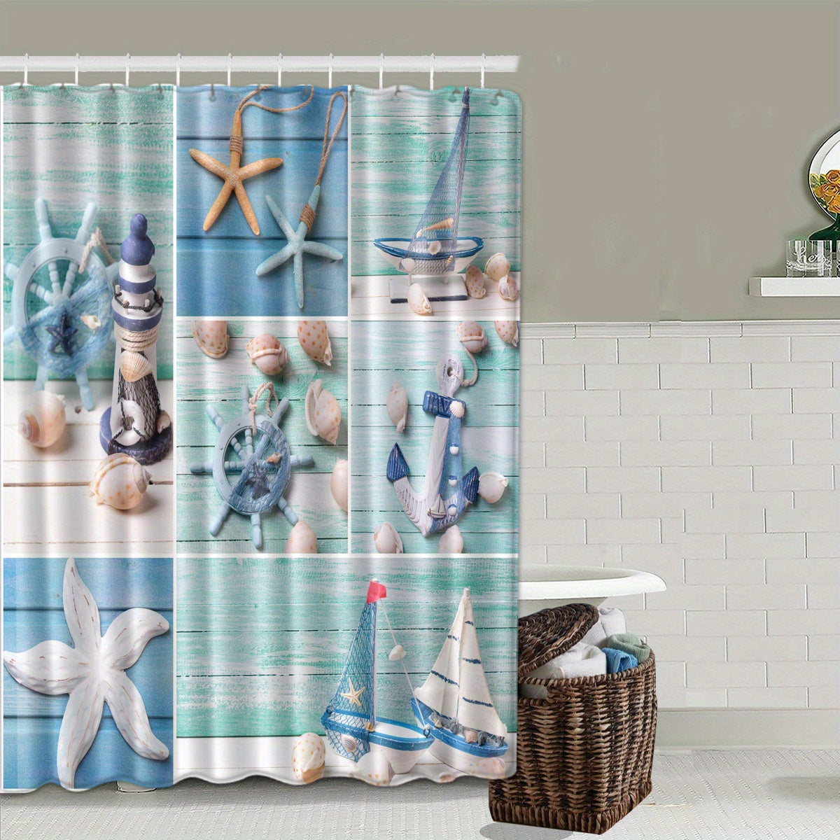 Waterproof Sailboat Starfish Shower Curtain Set with Non Slip Rug