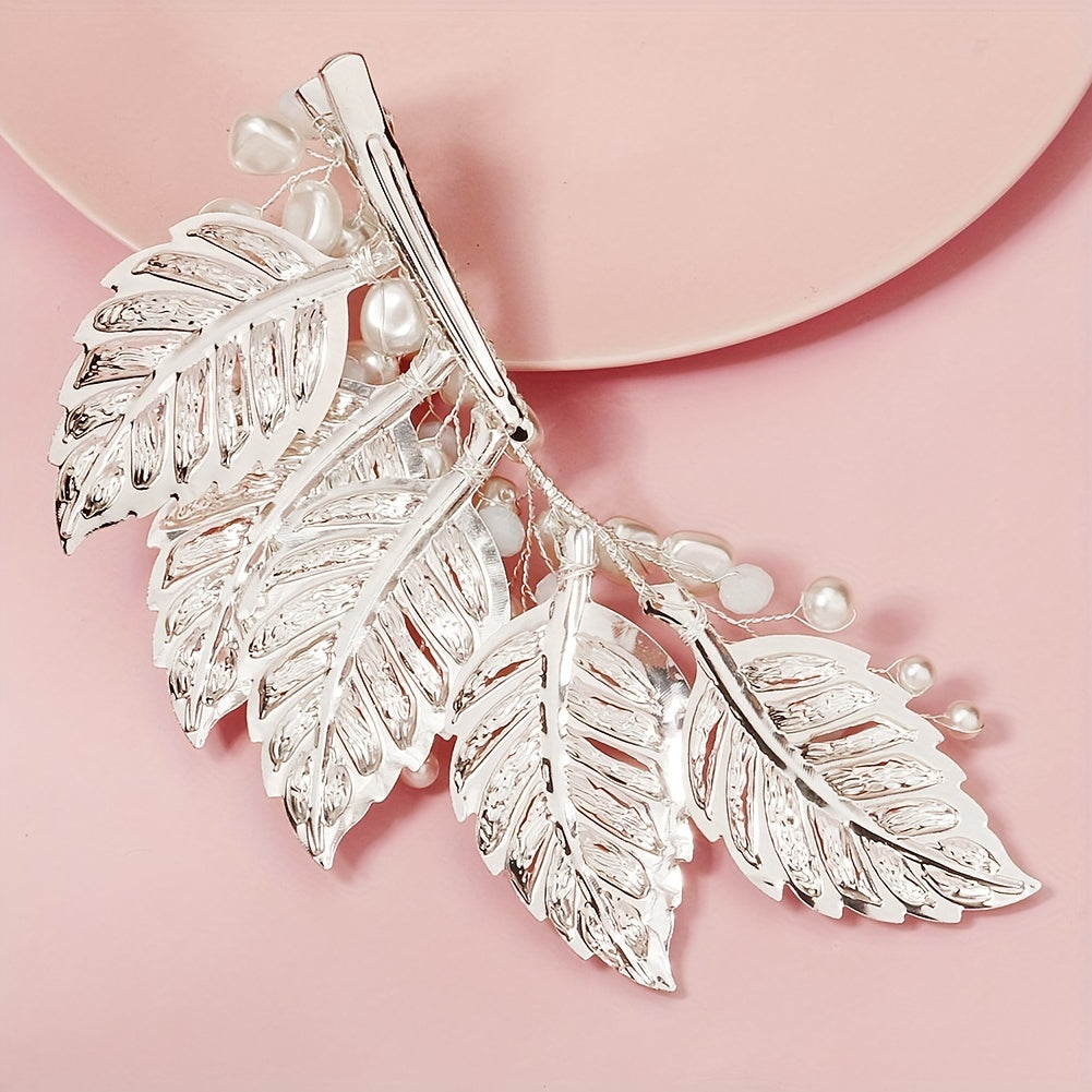 Faux Pearl Metal Leaf Hair Clip Side Clip Prom Party Hair Accessories