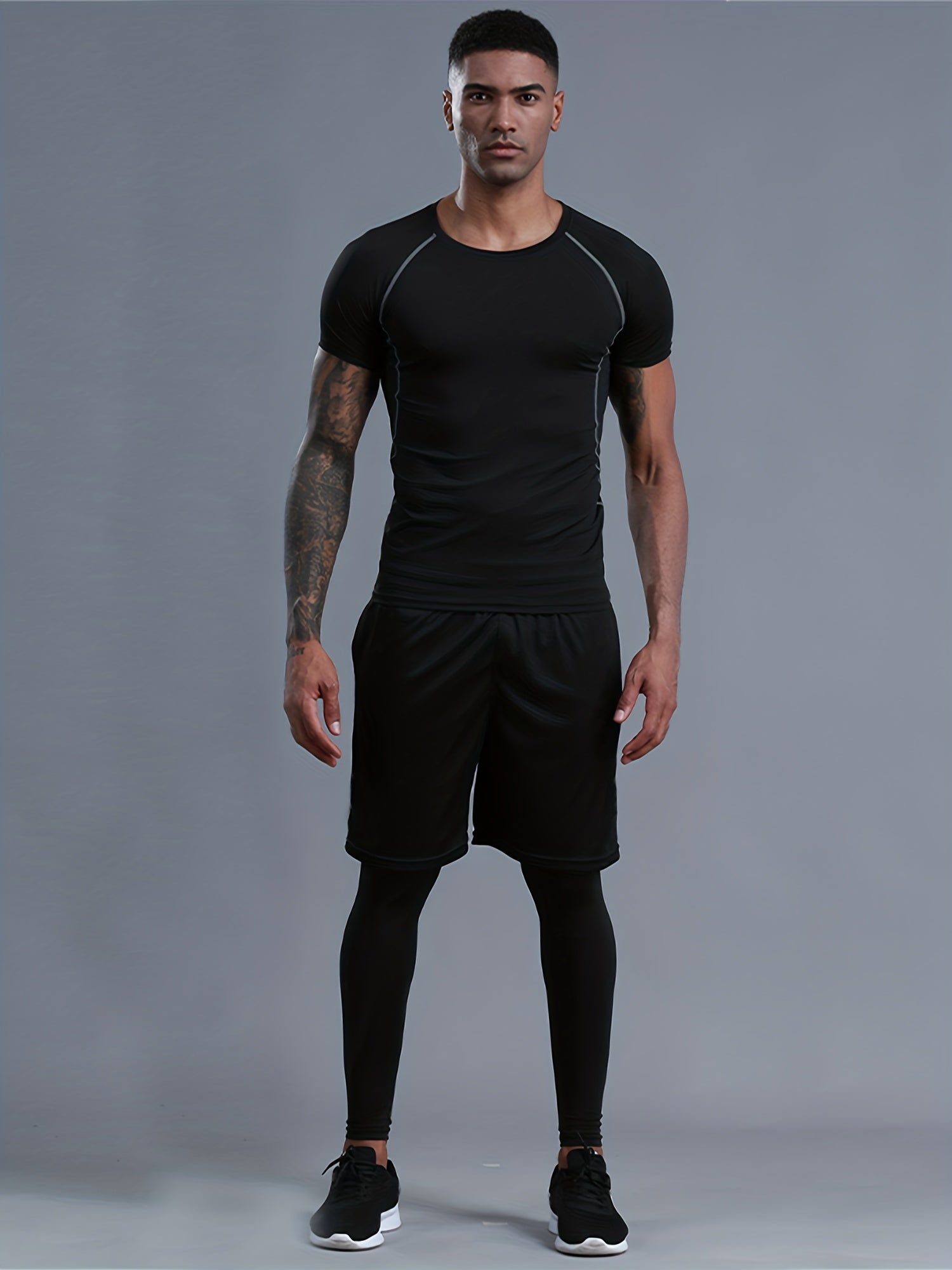 Men's 3-Pc Short Sleeve T-shirt Shorts Leggings Quick Drying Gym Outfit