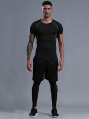 Men's 3-Pc Short Sleeve T-shirt Shorts Leggings Quick Drying Gym Outfit