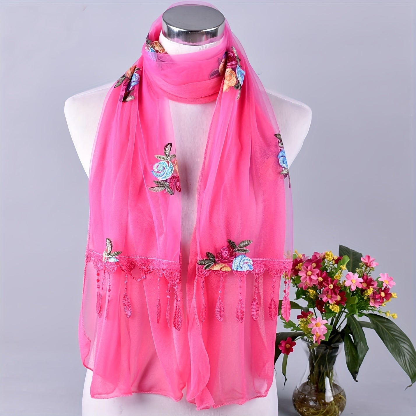 Flower Embroidery Tassel Scarf Boho Lace Shawl Head Wrap