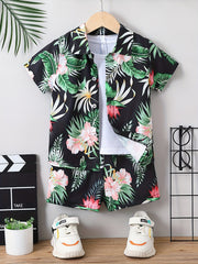 2pcs Boys Tropical Flowers Button Shirt & Shorts Set
