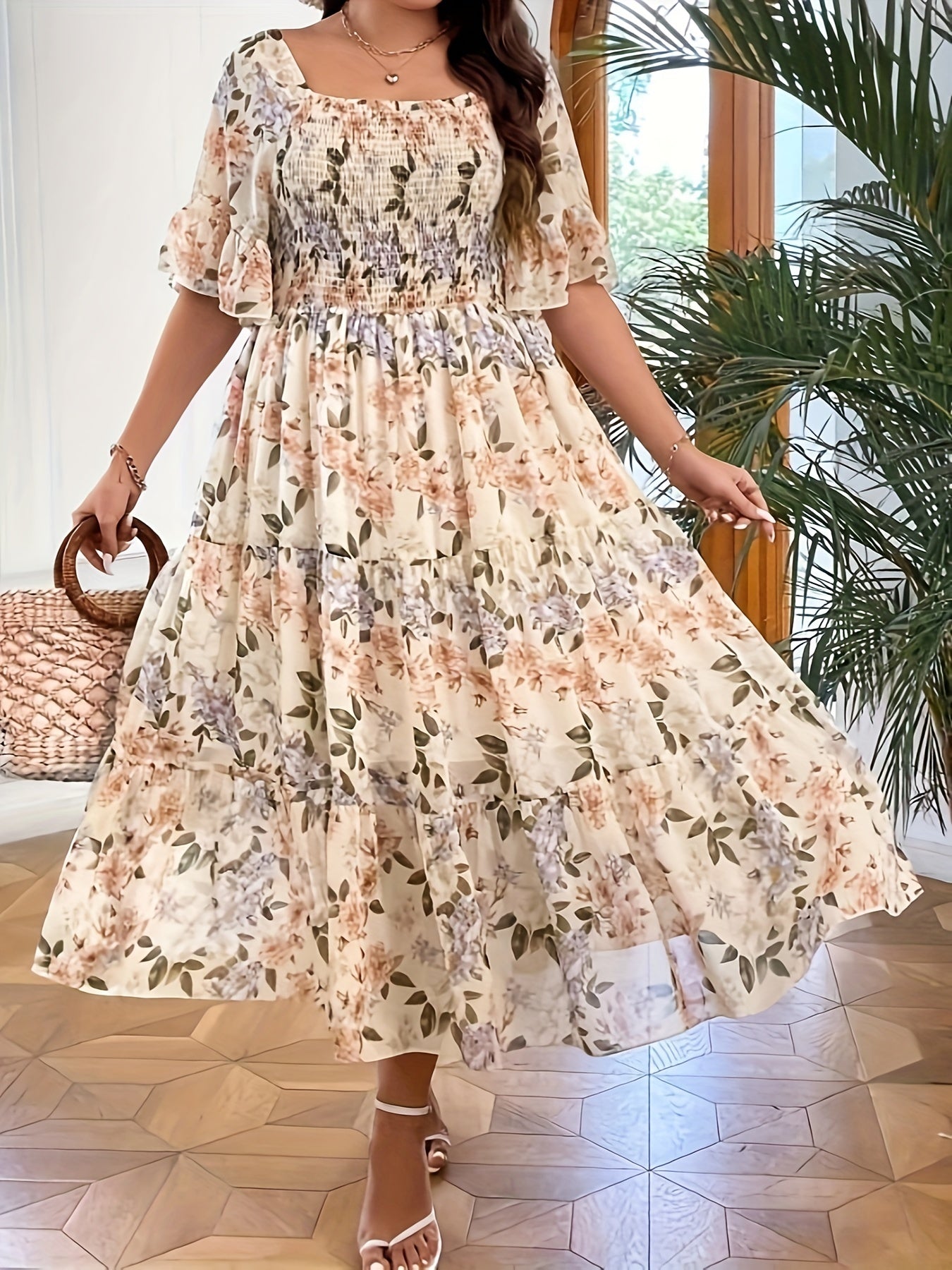 Women's Plus Floral Print Square Neck Maxi Dress