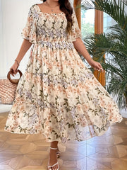 Women's Plus Floral Print Square Neck Maxi Dress