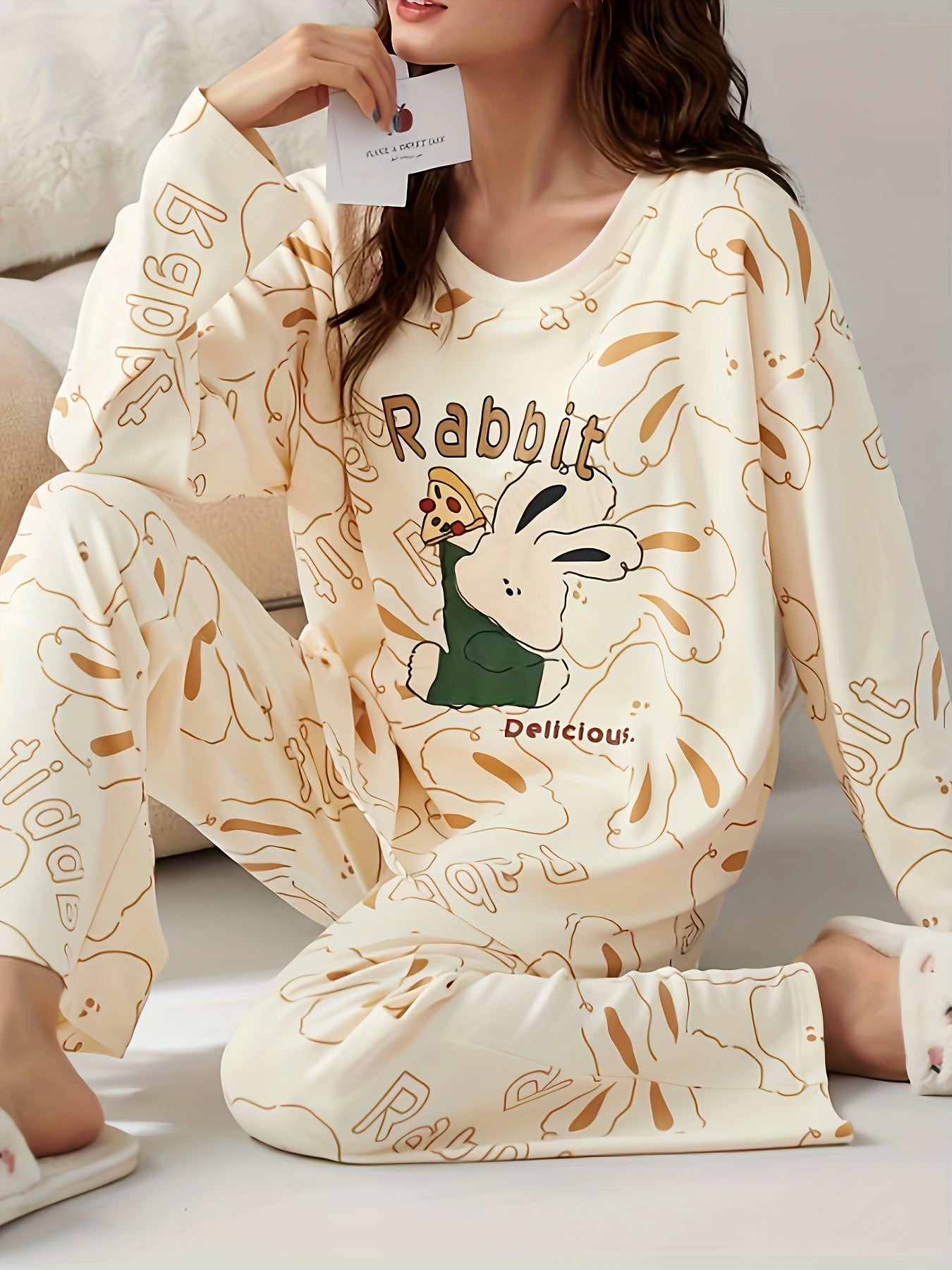 Bunny Print Pajama Set Long Sleeve Top & Pants Women's Sleepwear