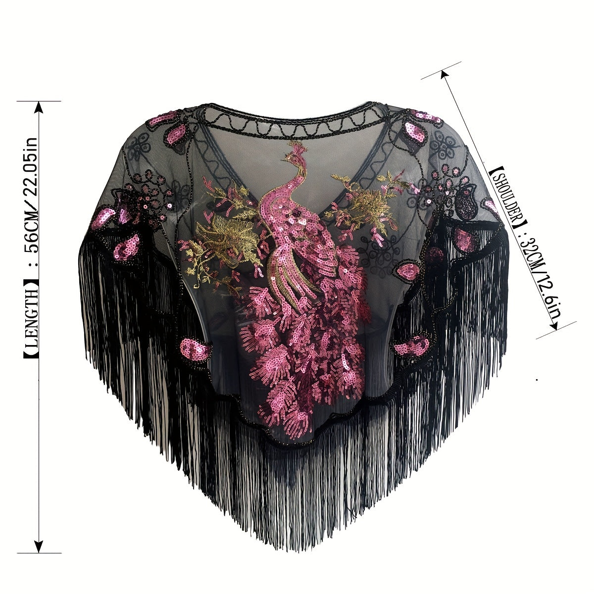 1920s Peacock Embroidery Tassel Shawl Sequin Beaded Wrap
