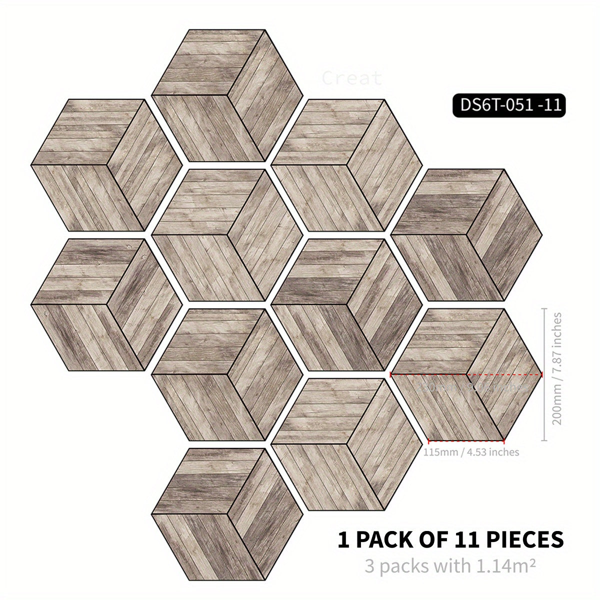 11pcs Wood Grain Hexagonal Floor Stickers Waterproof Anti-slip Home Decoration
