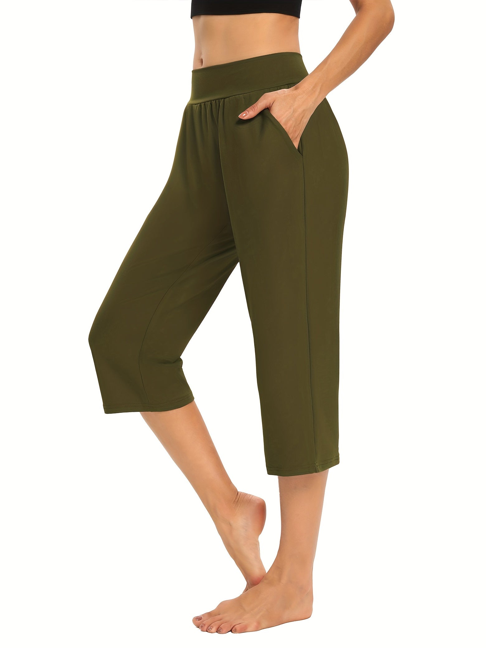 Elastic Waist Cropped Pants with Pockets for Women