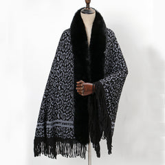 Leopard Print Dark Shawl Blanket Scarf Fur Collar Cashmere Winter Warm Tassel
