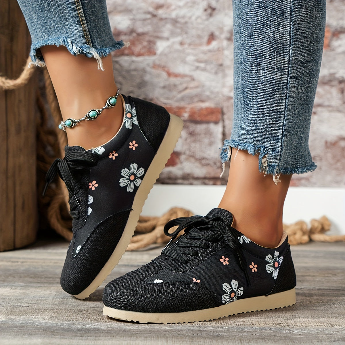 Floral Print Sneakers Lace Up Outdoor Shoes Lightweight Low Top