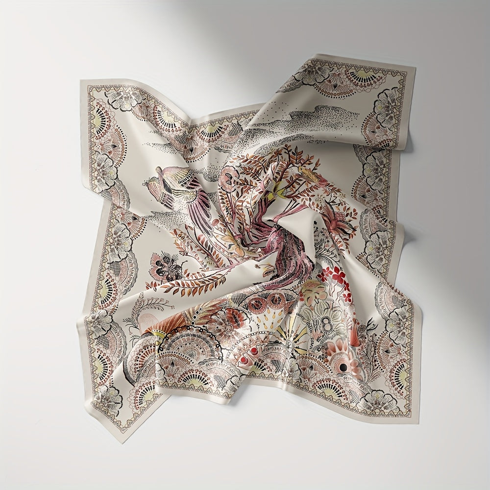 Vintage Tree Print Bandana Beige Square Scarf Boho Satin Neckerchief
