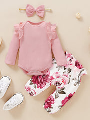 3pcs Baby Girls Bodysuit Onesie & Floral Pants & Headband Set