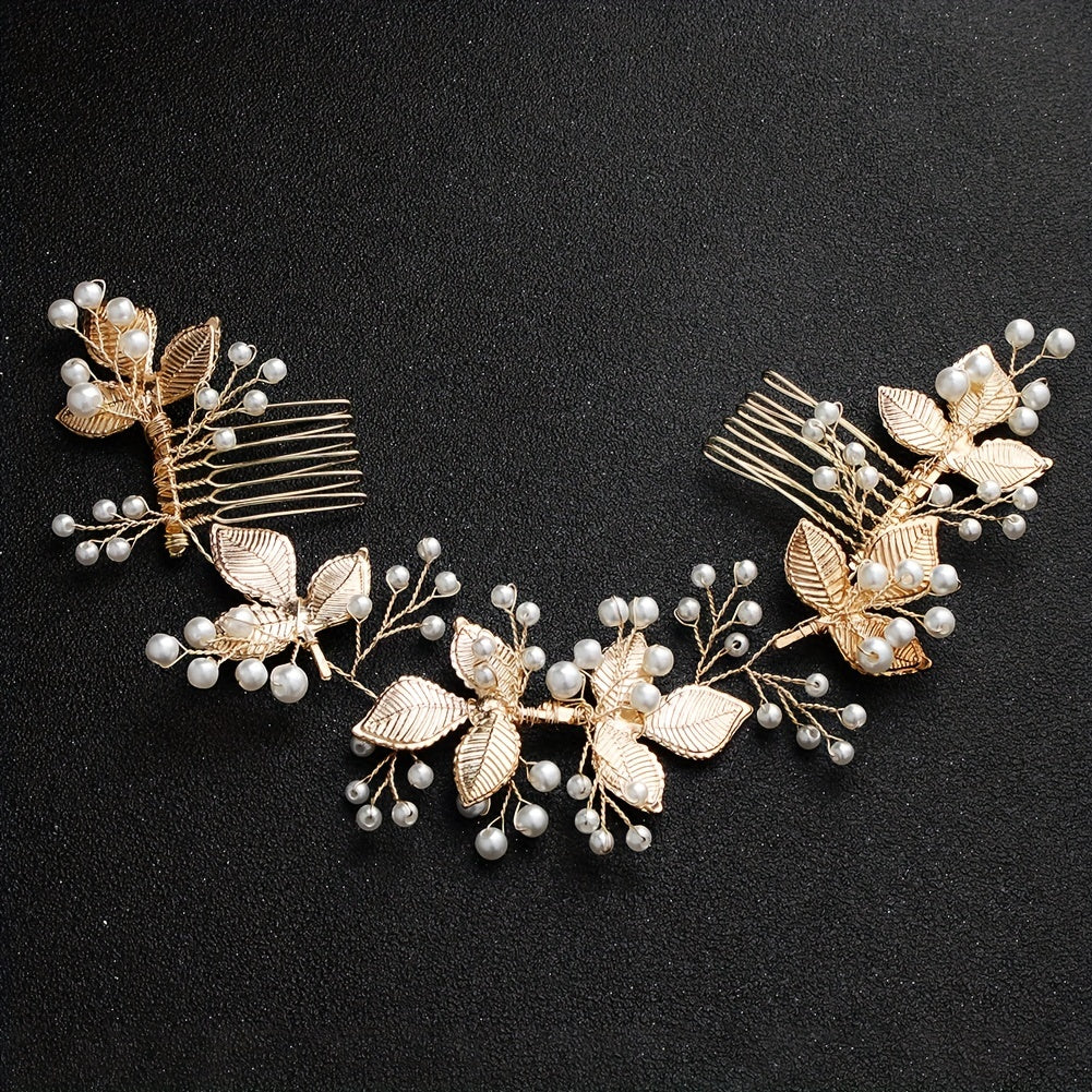 Leaf & Faux Pearl Hair Comb Bridal Wedding Headwear Hair Styling Accessory