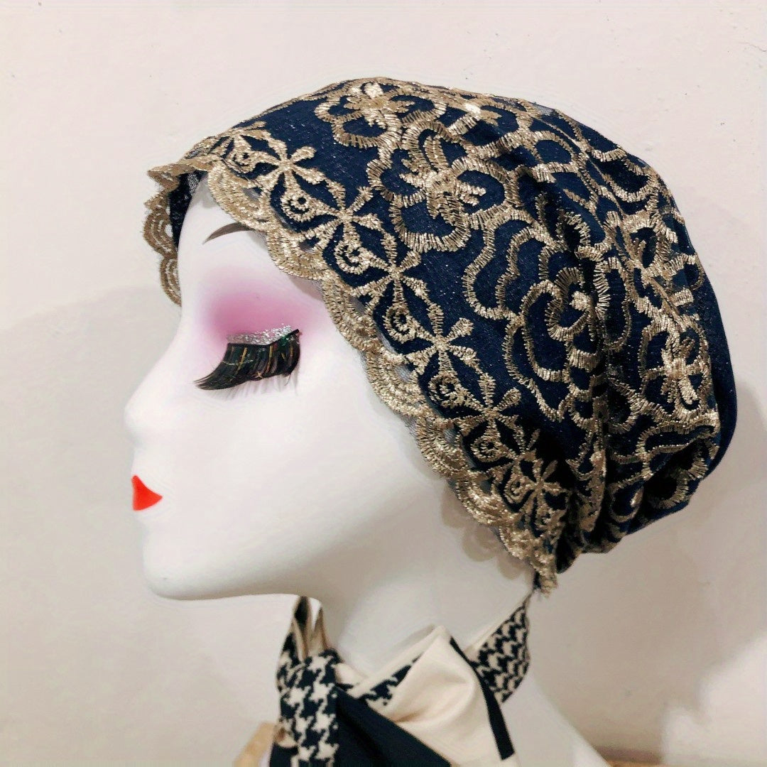 Vintage Embroidered Lace Turban Cap Double Layer Head Wrap