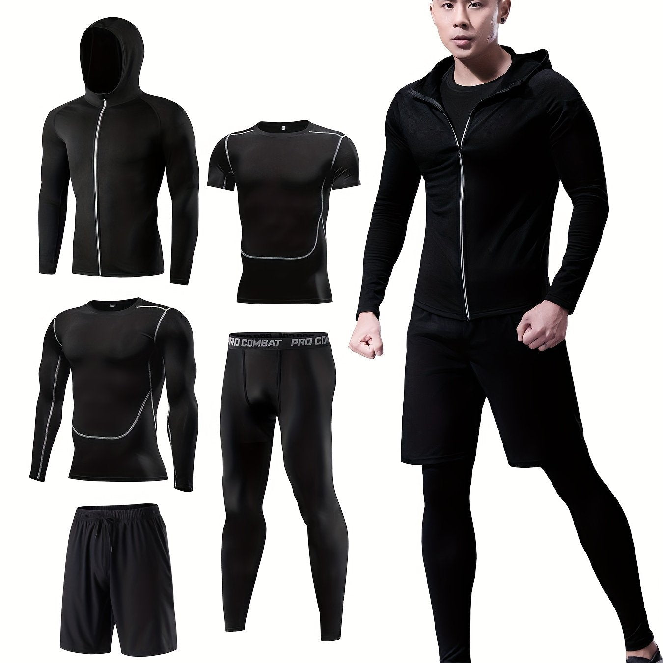 Men's Sports Set: Quick Dry Zip Up Hoodie & Fitness Shirt & Shorts
