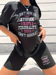 Letter Print Matching Two piece Set Casual Short Sleeve T shirt & Yoga Shorts