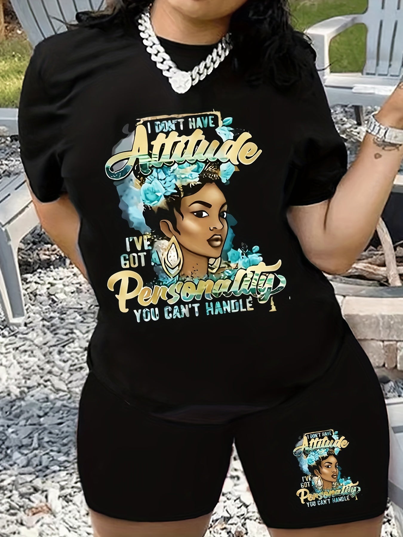 Figure & Letter Print Tee & Shorts 2 Piece Set