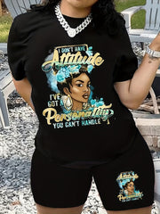 Figure & Letter Print Tee & Shorts 2 Piece Set