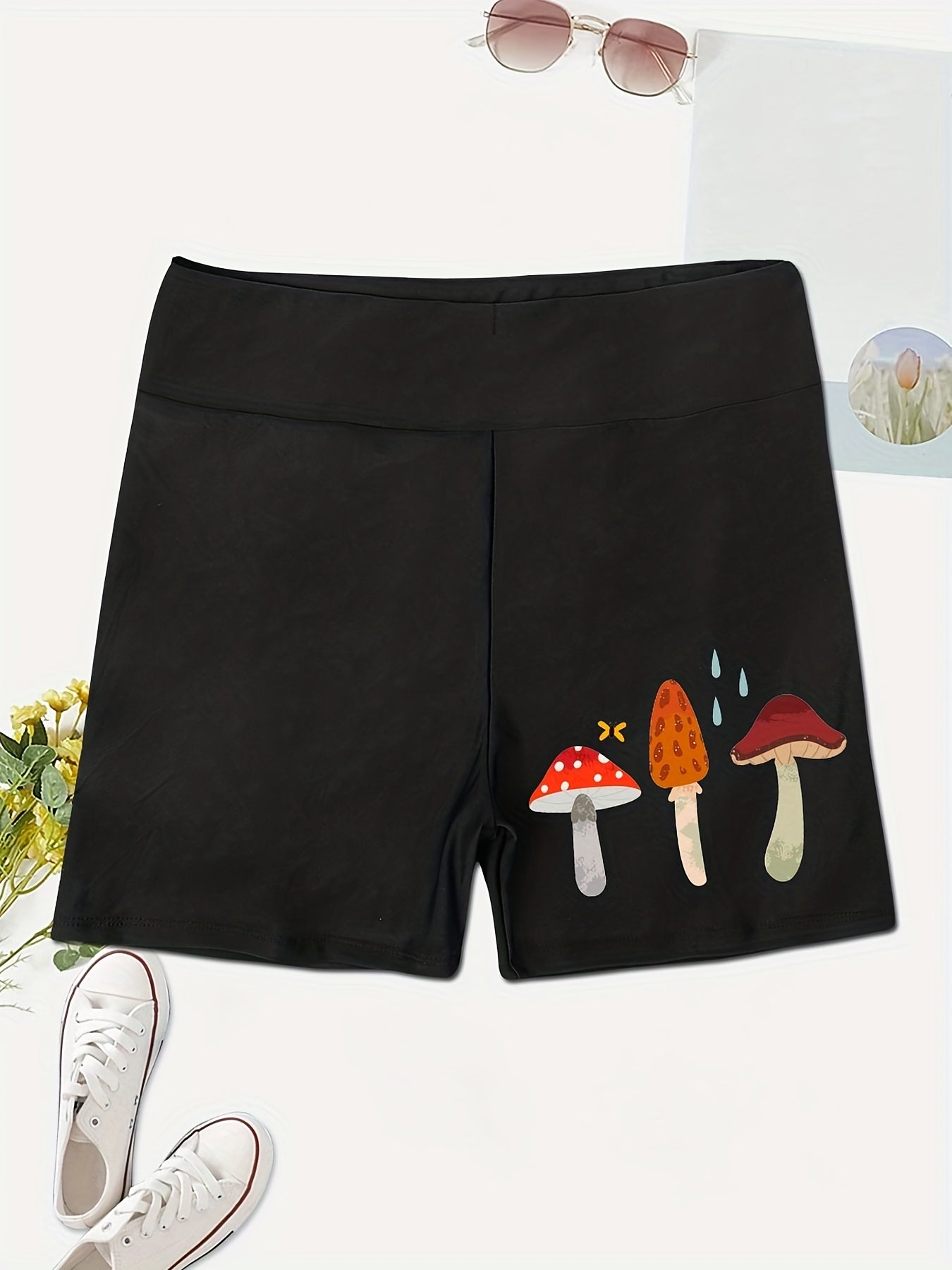 Mushroom Print Skinny Shorts Casual High Waist Women's Clothing