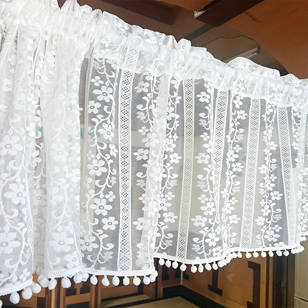 Short Sheer Floral Curtain with Pom Poms - Home Decor