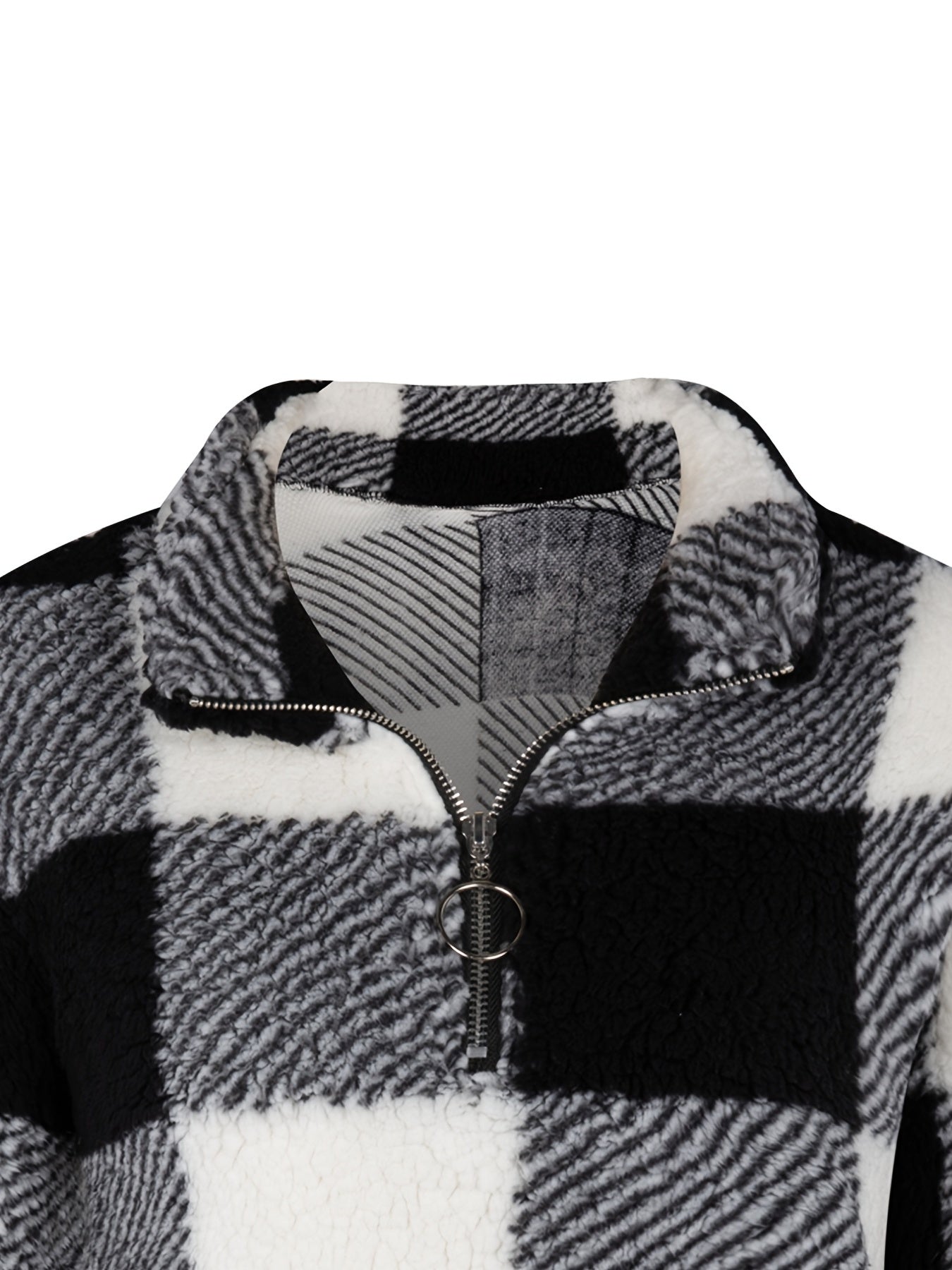 Plaid Print Teddy Jacket Zipper Warm Outerwear
