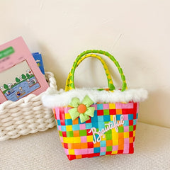 Girls Colorful Braided Basket Bag Handbag With Flower Plush for Holiday Party