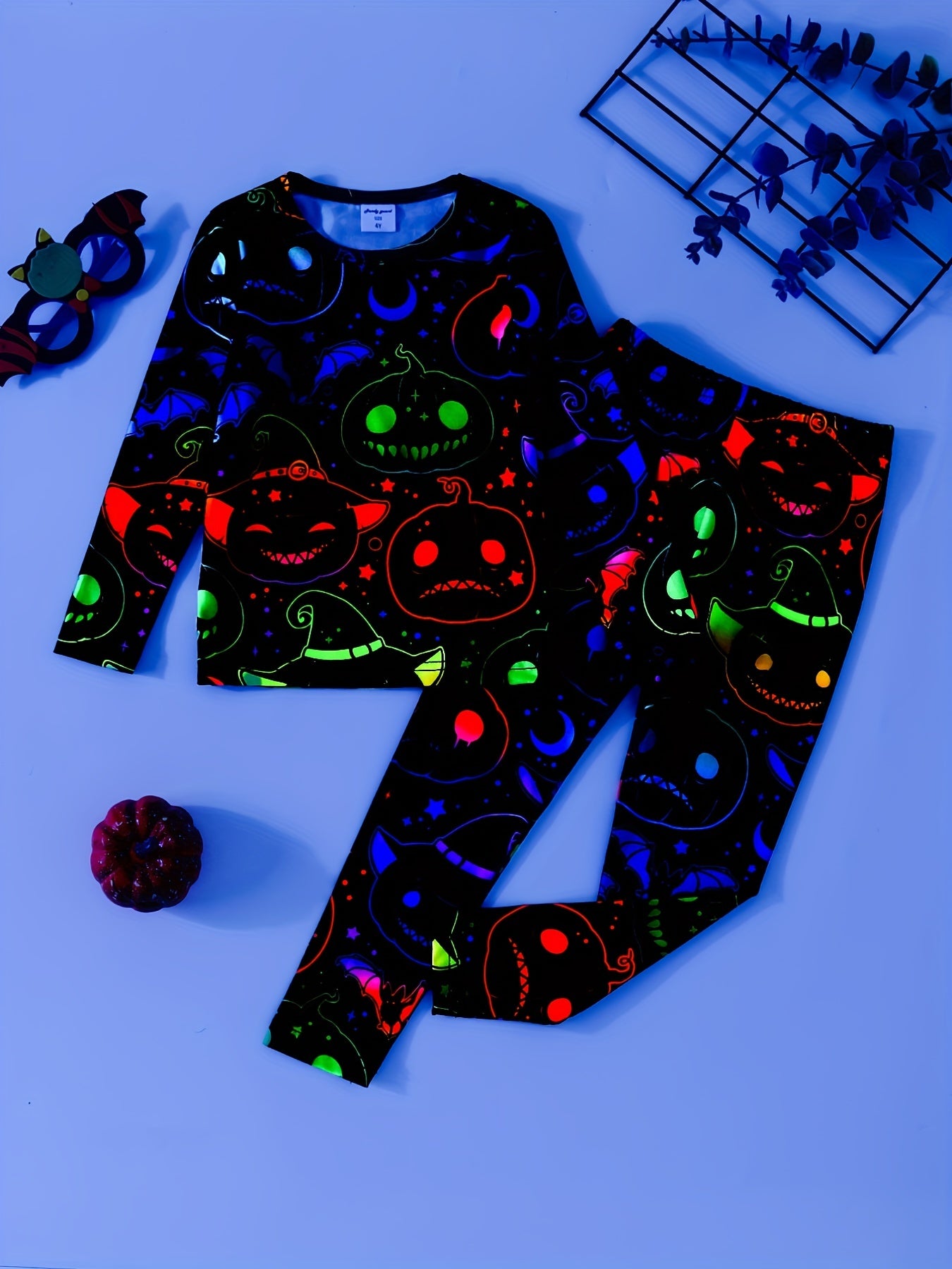 Girls Halloween 2pcs Pajamas Set Pumpkin Bats Print Long Sleeve