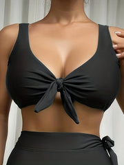 Front Bow Knot V Neck Bikini Top Solid Stretchy Swimsuit