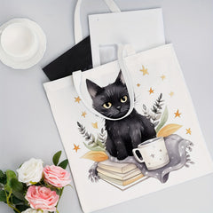 Cat Reading Pattern Canvas Tote Bag Women's Portable Anime Shoulder Bag