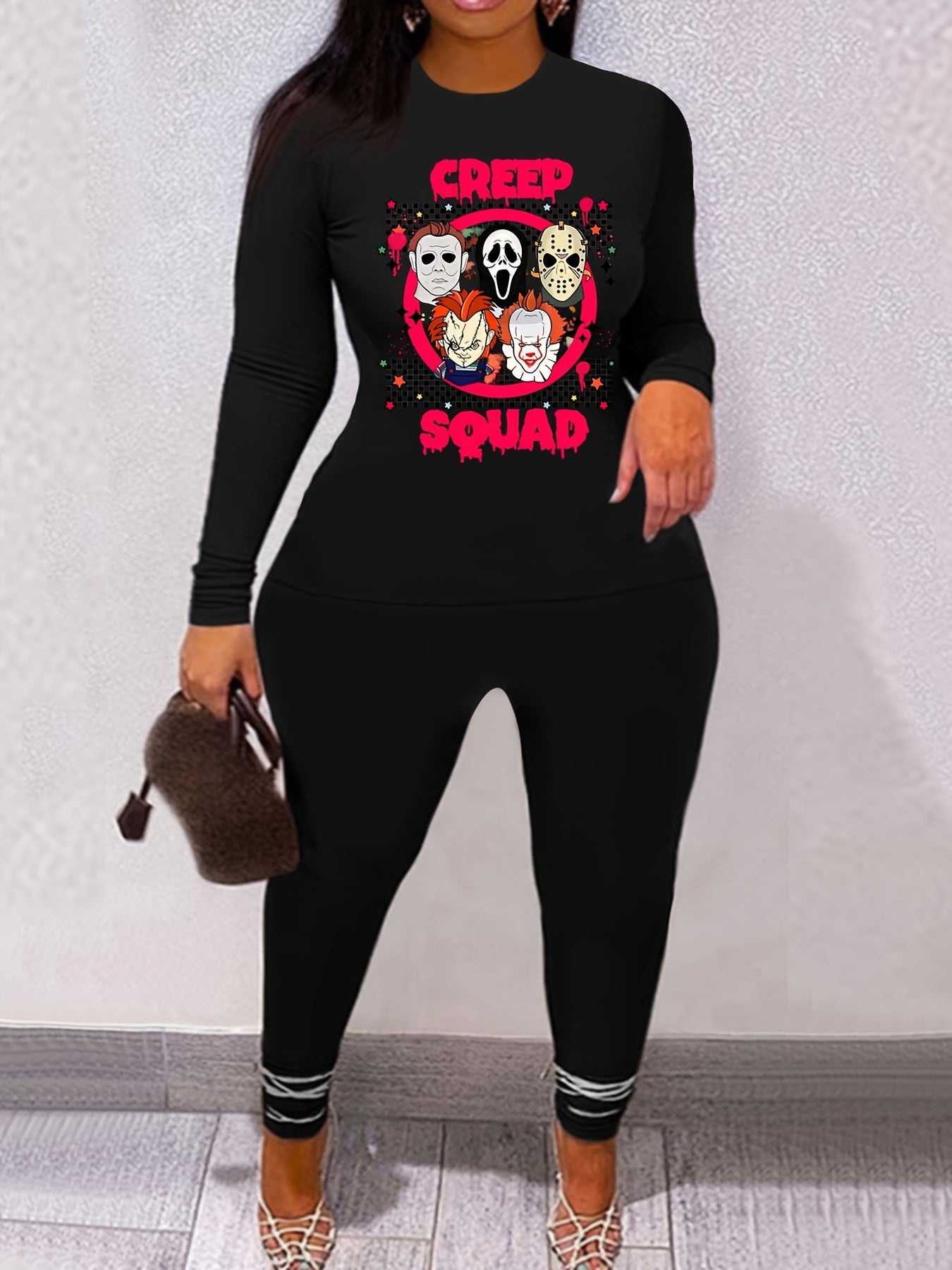 Women's Plus Horror Figure & Slogan Print 2 Piece Set