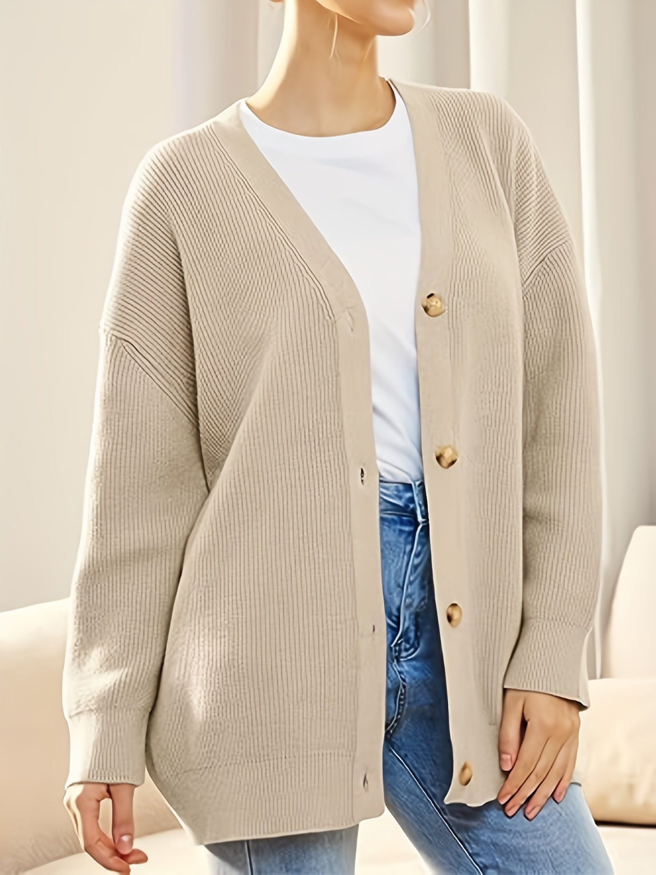 Solid Ribbed Button-Up Cardigan
