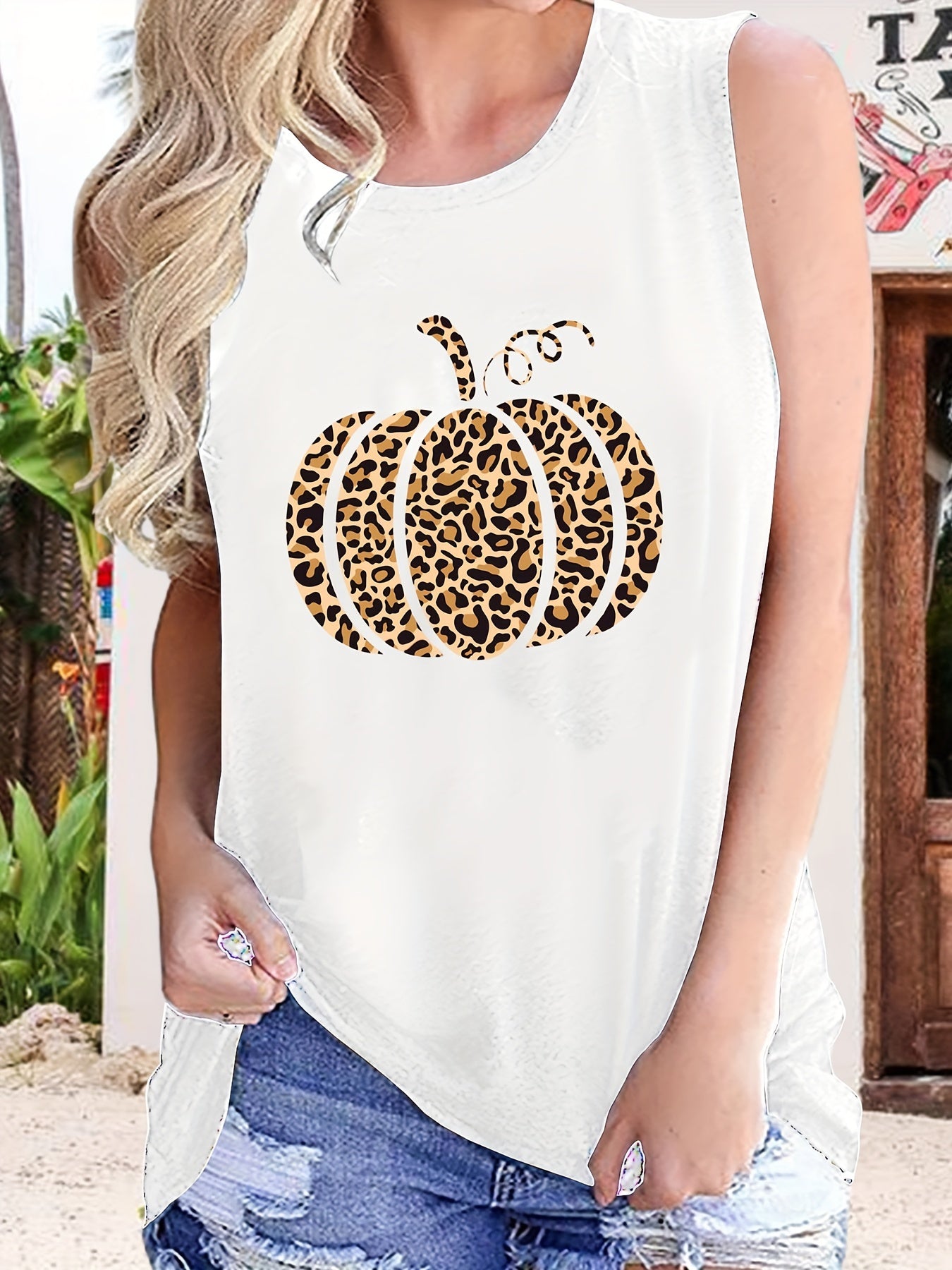 Leopard Pumpkin Print Tank Top Summer Sleeveless Top Women's Clothing