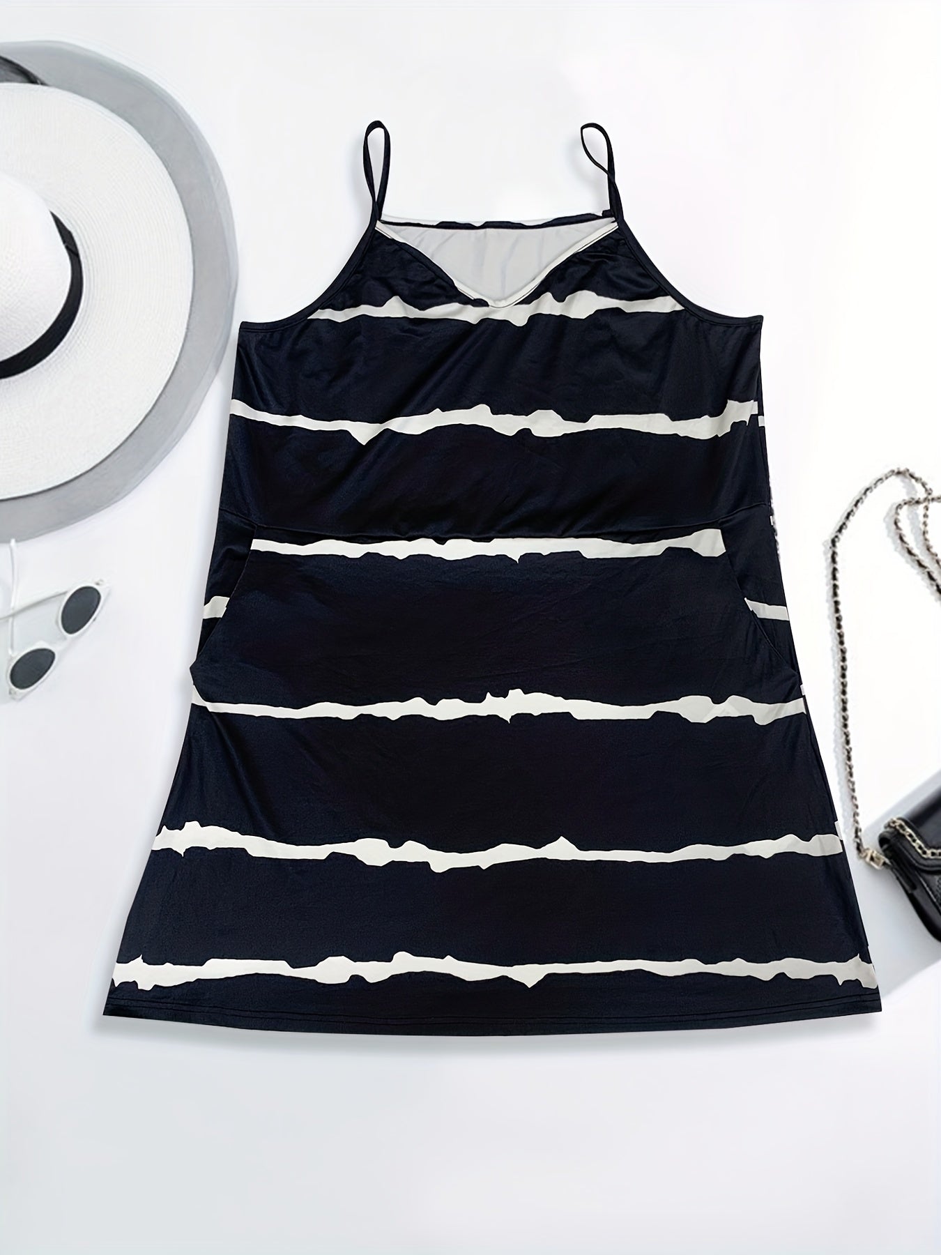 Striped V Neck Mini Cami Dress With Pockets