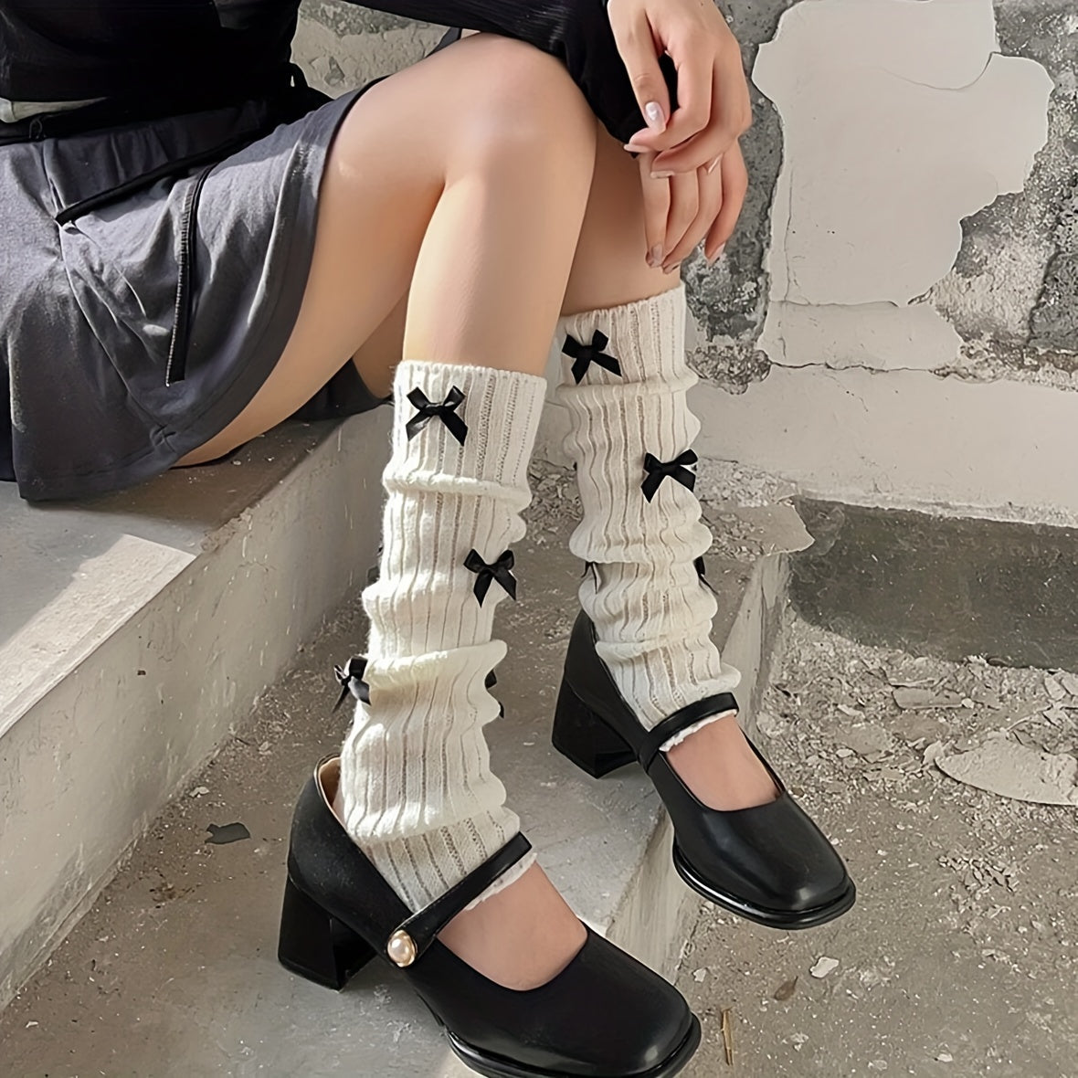 Bow Rib Knit Leg Warmers & Knee High Socks Women's Stockings