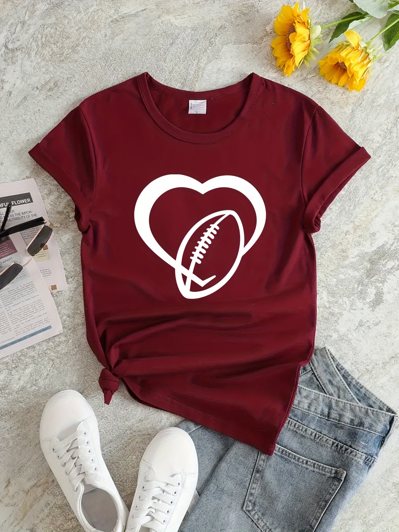 Football Heart Graphic Sports T-shirt Round Neck Workout Top Women's Activewear