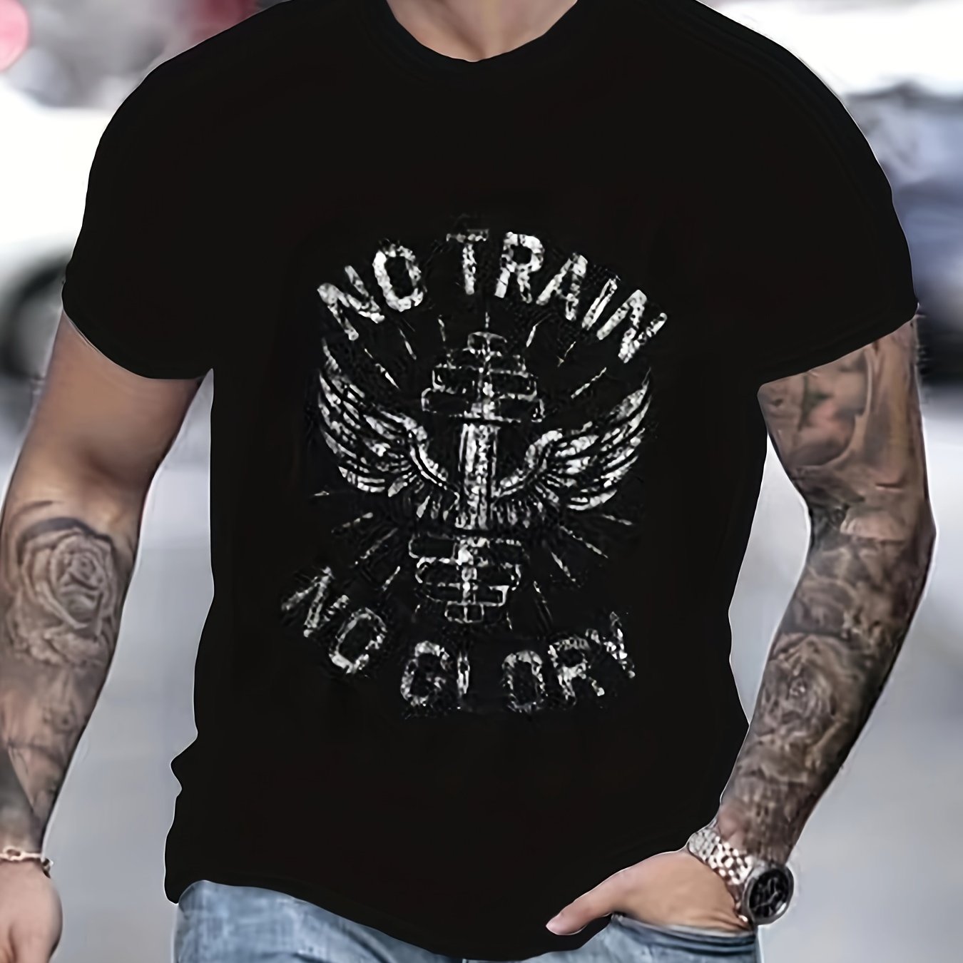 NO TRAIN NO GLORY Pattern Print Men's Short Sleeve Comfy T shirt
