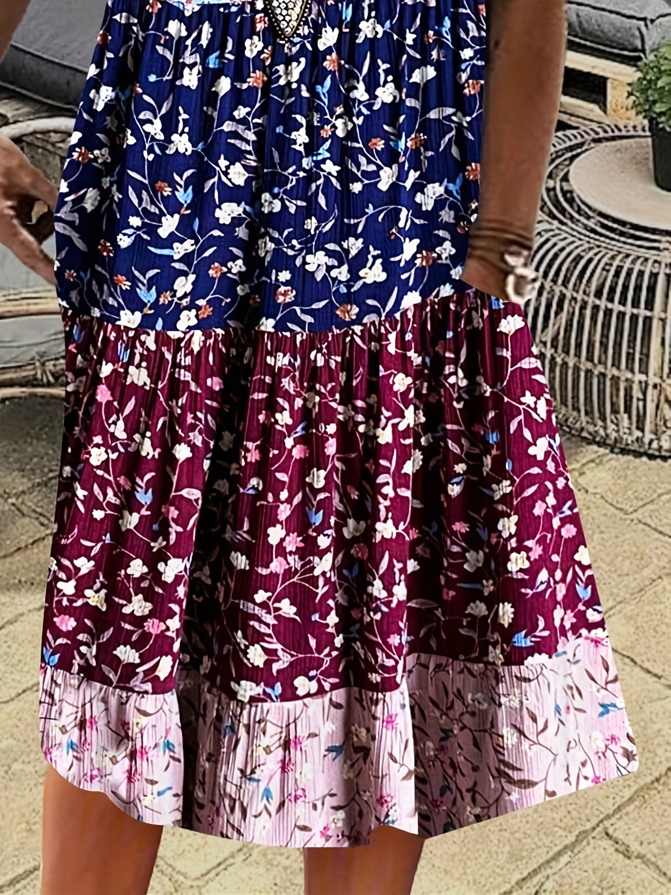 Colorblock Floral Print Midi Tank Dress