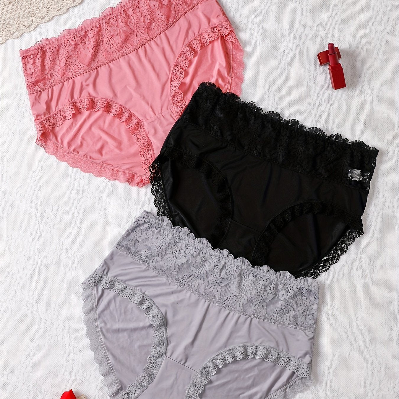 3 Pack Plus Size Lace High Rise Stretchy Briefs Set