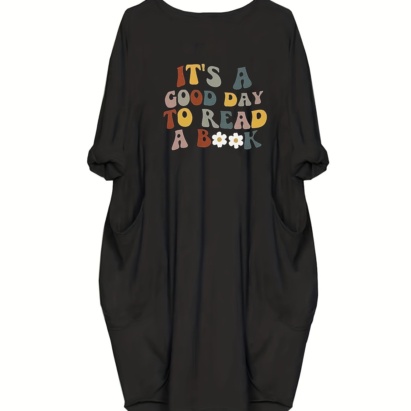 Women's Plus Daisy Slogan Print Long Sleeve Baggy Dress