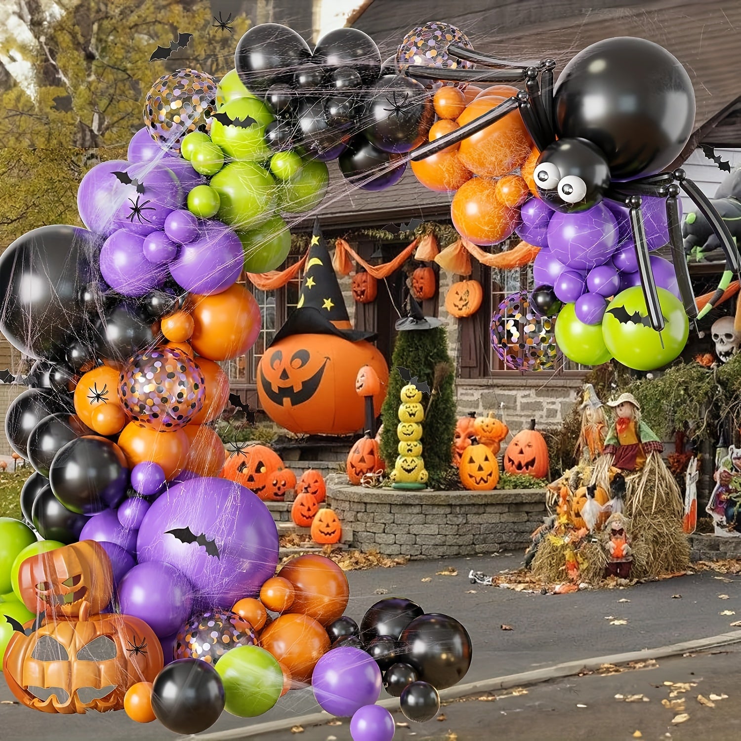 106pc Orange Confetti Halloween Latex Balloons Decorations Spider Web Print
