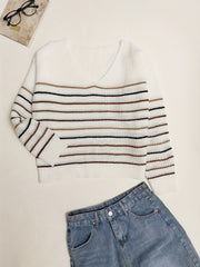 Striped Print Knit Sweater V Neck Long Sleeve Casual