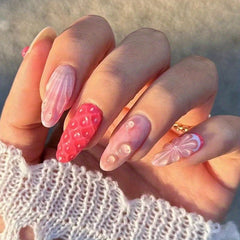 24pcs Water Splashing Cherry False Nails w/ Shell Patterned Stickers