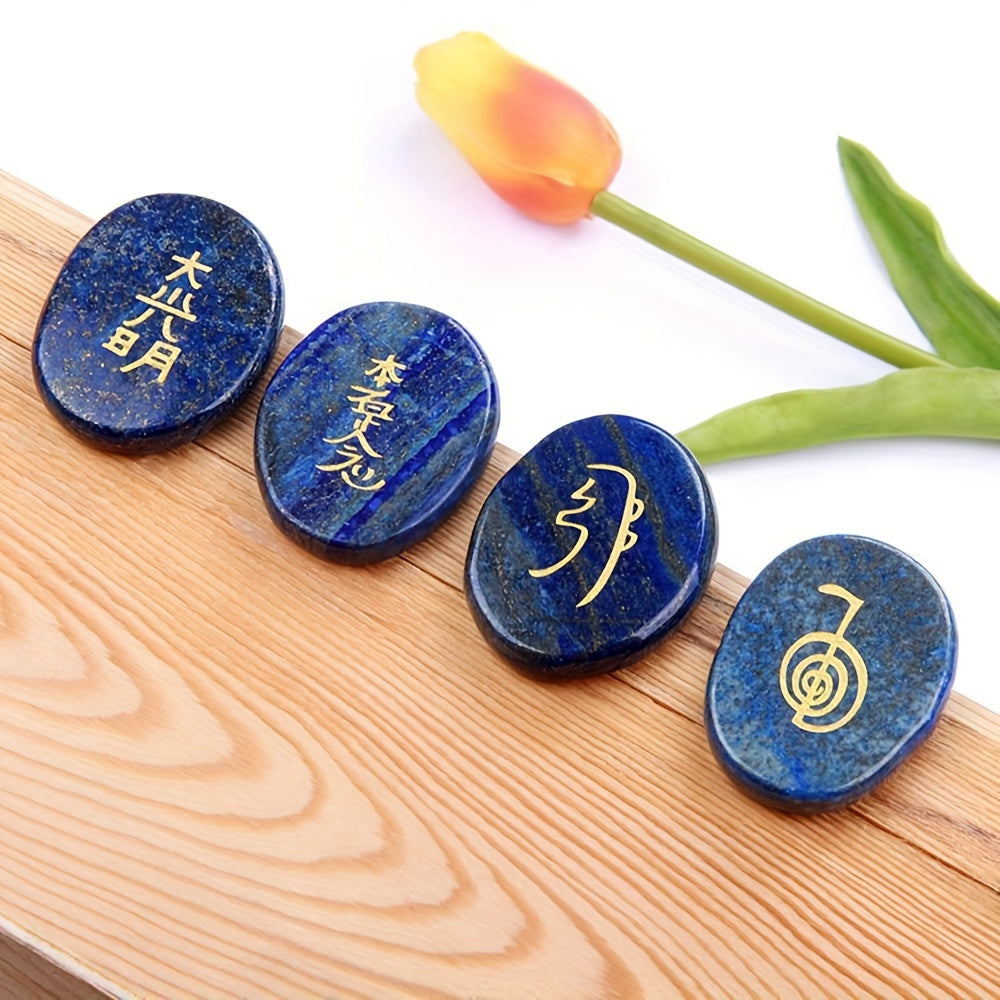 4Pcs Natural Crystal Engraved Chakra Symbols Palm Stones for Reiki Ornaments